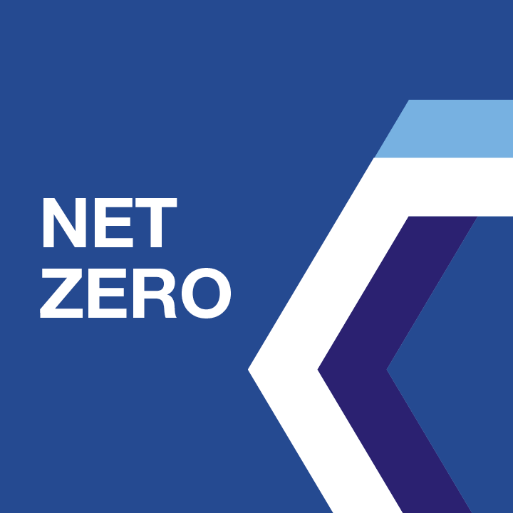 The word 'Net Zero' on a blue background with part of a hexagon