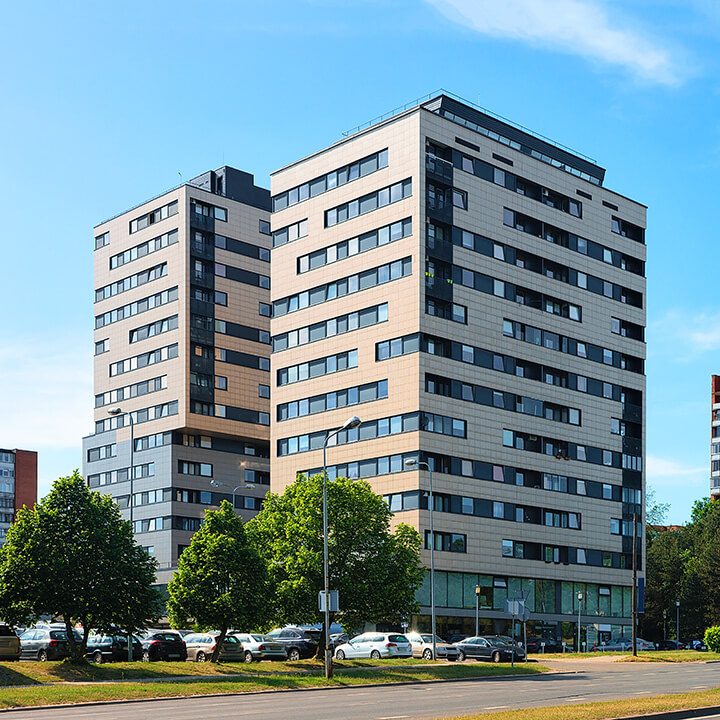 Street view on modern residential building skyscraper