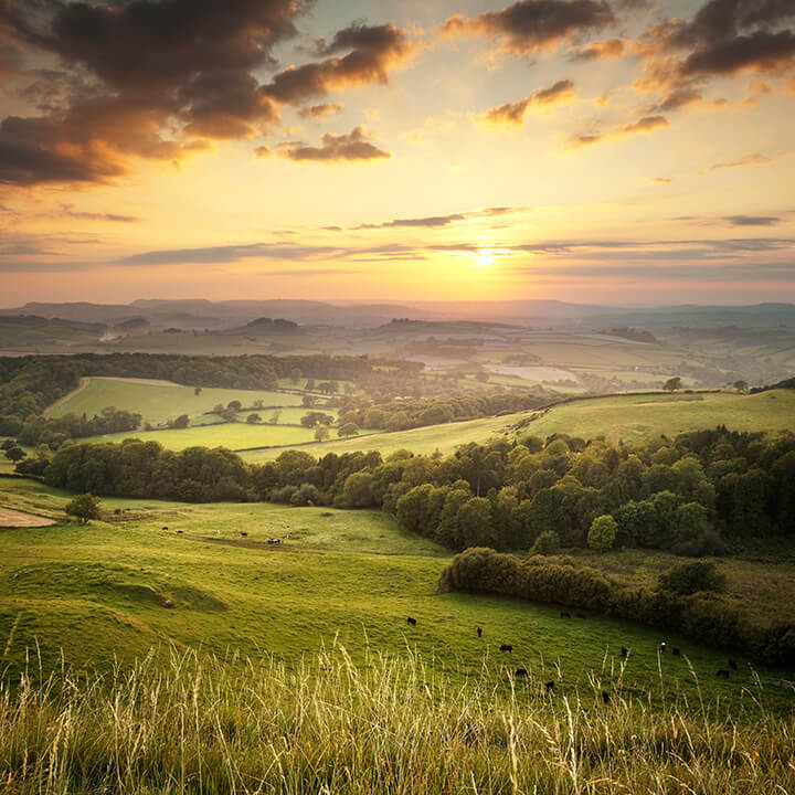 Sunset-over-the-green-hills-countryside-in-England-Dorset-